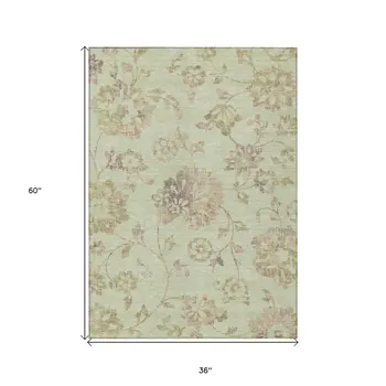 3' X 5' Artichoke Green Mint Green And Taupe Floral Washable Indoor Outdoor Area Rug