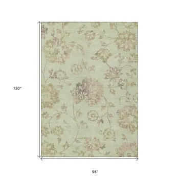8' X 10' Artichoke Green Mint Green And Taupe Floral Washable Indoor Outdoor Area Rug