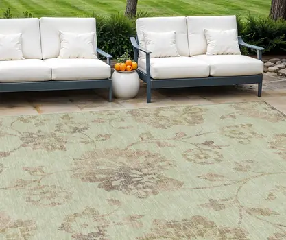 8' X 10' Artichoke Green Mint Green And Taupe Floral Washable Indoor Outdoor Area Rug