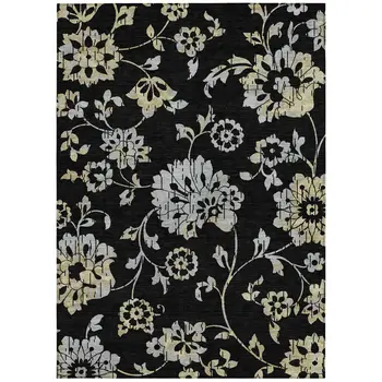 3' X 5' Black Artichoke Green And Silver Floral Washable Indoor Outdoor Area Rug