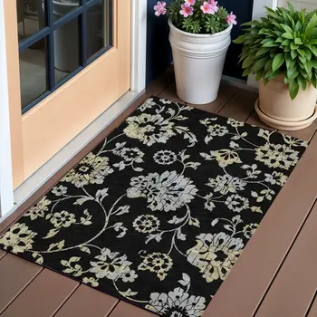 3' X 5' Black Artichoke Green And Silver Floral Washable Indoor Outdoor Area Rug