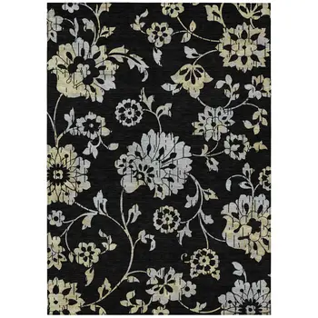 3' X 5' Black Artichoke Green And Silver Floral Washable Indoor Outdoor Area Rug