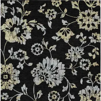 3' X 5' Black Artichoke Green And Silver Floral Washable Indoor Outdoor Area Rug