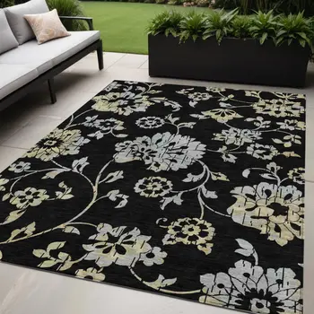 5' X 8' Black Artichoke Green And Silver Floral Washable Indoor Outdoor Area Rug