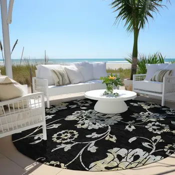 8' Black Artichoke Green And Silver Round Floral Washable Indoor Outdoor Area Rug