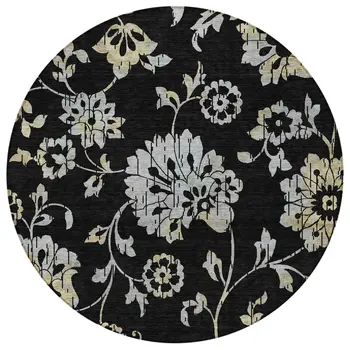 8' Black Artichoke Green And Silver Round Floral Washable Indoor Outdoor Area Rug