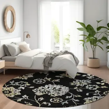 8' Black Artichoke Green And Silver Round Floral Washable Indoor Outdoor Area Rug