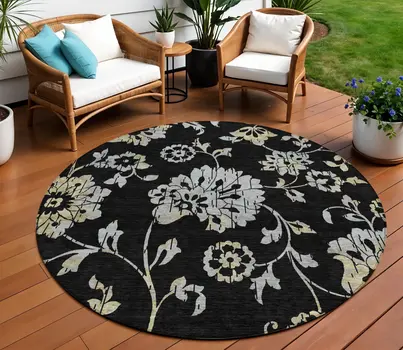 8' Black Artichoke Green And Silver Round Floral Washable Indoor Outdoor Area Rug