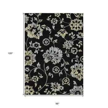 8' X 10' Black Artichoke Green And Silver Floral Washable Indoor Outdoor Area Rug