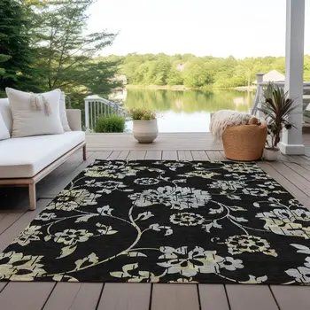 8' X 10' Black Artichoke Green And Silver Floral Washable Indoor Outdoor Area Rug