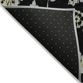 8' X 10' Black Artichoke Green And Silver Floral Washable Indoor Outdoor Area Rug