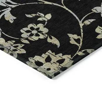 8' X 10' Black Artichoke Green And Silver Floral Washable Indoor Outdoor Area Rug