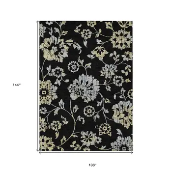 9' X 12' Black Artichoke Green And Silver Floral Washable Indoor Outdoor Area Rug