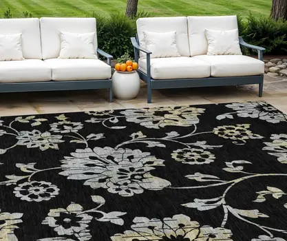 9' X 12' Black Artichoke Green And Silver Floral Washable Indoor Outdoor Area Rug