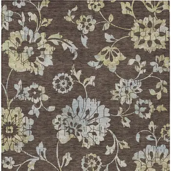 3' X 5' Chocolate Sky Blue And Artichoke Green Floral Washable Indoor Outdoor Area Rug