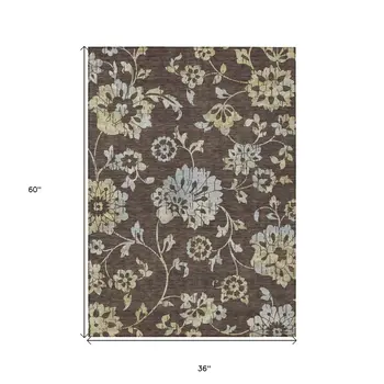 3' X 5' Chocolate Sky Blue And Artichoke Green Floral Washable Indoor Outdoor Area Rug