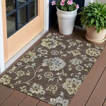 3' X 5' Chocolate Sky Blue And Artichoke Green Floral Washable Indoor Outdoor Area Rug