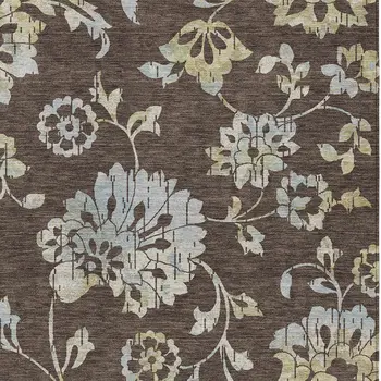 3' X 5' Chocolate Sky Blue And Artichoke Green Floral Washable Indoor Outdoor Area Rug