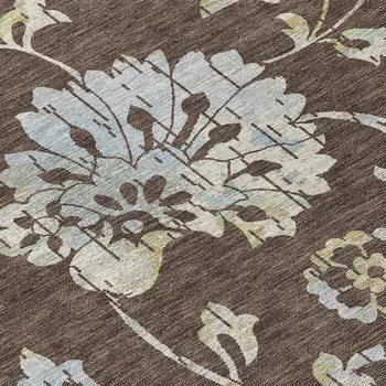 3' X 5' Chocolate Sky Blue And Artichoke Green Floral Washable Indoor Outdoor Area Rug