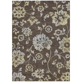 9' X 12' Chocolate Sky Blue And Artichoke Green Floral Washable Indoor Outdoor Area Rug