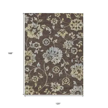 10' X 14' Chocolate Sky Blue And Artichoke Green Floral Washable Indoor Outdoor Area Rug