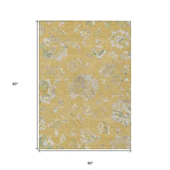 5' X 8' Gold Beige And Fern Green Floral Washable Indoor Outdoor Area Rug
