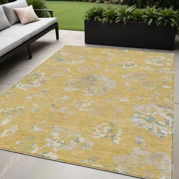 5' X 8' Gold Beige And Fern Green Floral Washable Indoor Outdoor Area Rug