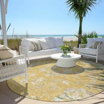 8' Gold Beige And Fern Green Round Floral Washable Indoor Outdoor Area Rug