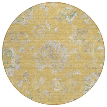8' Gold Beige And Fern Green Round Floral Washable Indoor Outdoor Area Rug