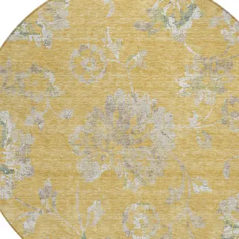 8' Gold Beige And Fern Green Round Floral Washable Indoor Outdoor Area Rug