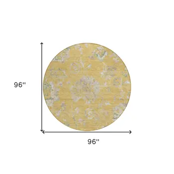 8' Gold Beige And Fern Green Round Floral Washable Indoor Outdoor Area Rug