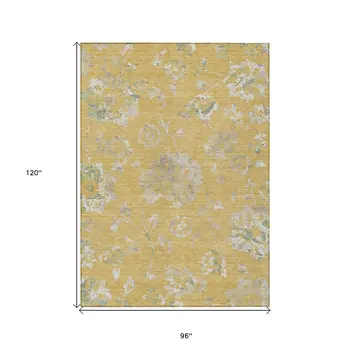 8' X 10' Gold Beige And Fern Green Floral Washable Indoor Outdoor Area Rug
