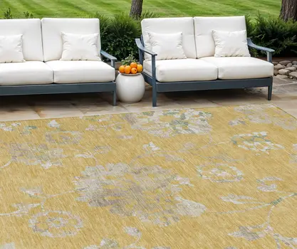 8' X 10' Gold Beige And Fern Green Floral Washable Indoor Outdoor Area Rug