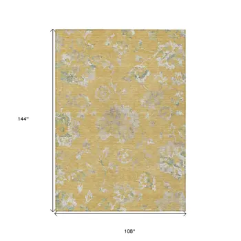 9' X 12' Gold Beige And Fern Green Floral Washable Indoor Outdoor Area Rug