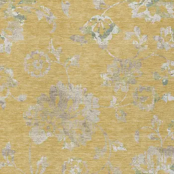 10' X 14' Gold Beige And Fern Green Floral Washable Indoor Outdoor Area Rug