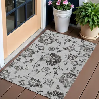 3' X 5' Gray Charcoal And Silver Floral Washable Indoor Outdoor Area Rug