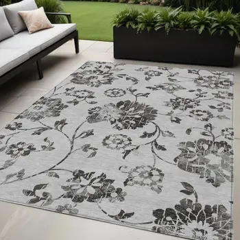 5' X 8' Gray Charcoal And Silver Floral Washable Indoor Outdoor Area Rug
