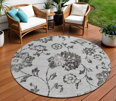 8' Gray Charcoal And Silver Round Floral Washable Indoor Outdoor Area Rug