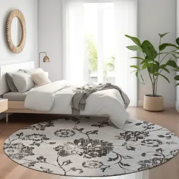 8' Gray Charcoal And Silver Round Floral Washable Indoor Outdoor Area Rug