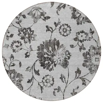 8' Gray Charcoal And Silver Round Floral Washable Indoor Outdoor Area Rug