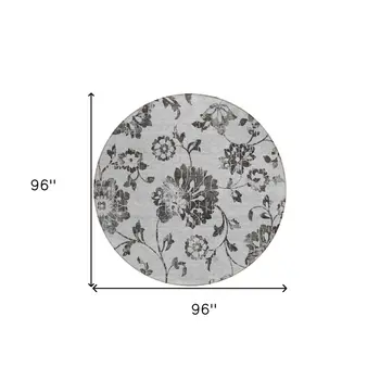 8' Gray Charcoal And Silver Round Floral Washable Indoor Outdoor Area Rug