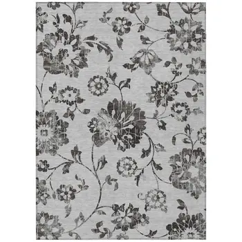 8' X 10' Gray Charcoal And Silver Floral Washable Indoor Outdoor Area Rug