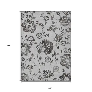 9' X 12' Gray Charcoal And Silver Floral Washable Indoor Outdoor Area Rug