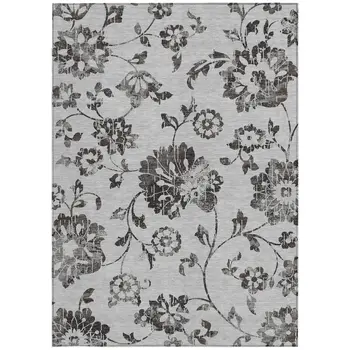 10' X 14' Gray Charcoal And Silver Floral Washable Indoor Outdoor Area Rug