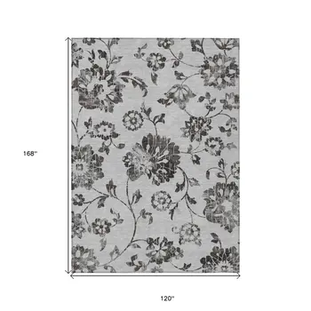 10' X 14' Gray Charcoal And Silver Floral Washable Indoor Outdoor Area Rug