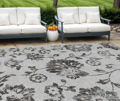 10' X 14' Gray Charcoal And Silver Floral Washable Indoor Outdoor Area Rug