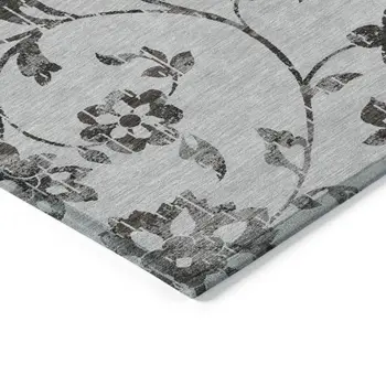 10' X 14' Gray Charcoal And Silver Floral Washable Indoor Outdoor Area Rug