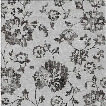 10' X 14' Gray Charcoal And Silver Floral Washable Indoor Outdoor Area Rug