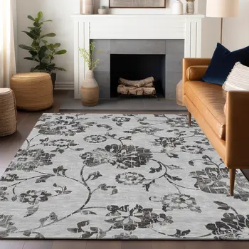 10' X 14' Gray Charcoal And Silver Floral Washable Indoor Outdoor Area Rug