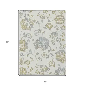 5' X 8' Ivory Gray And Gold Floral Washable Indoor Outdoor Area Rug